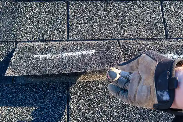 Worker inspecting underneath a loose shingle